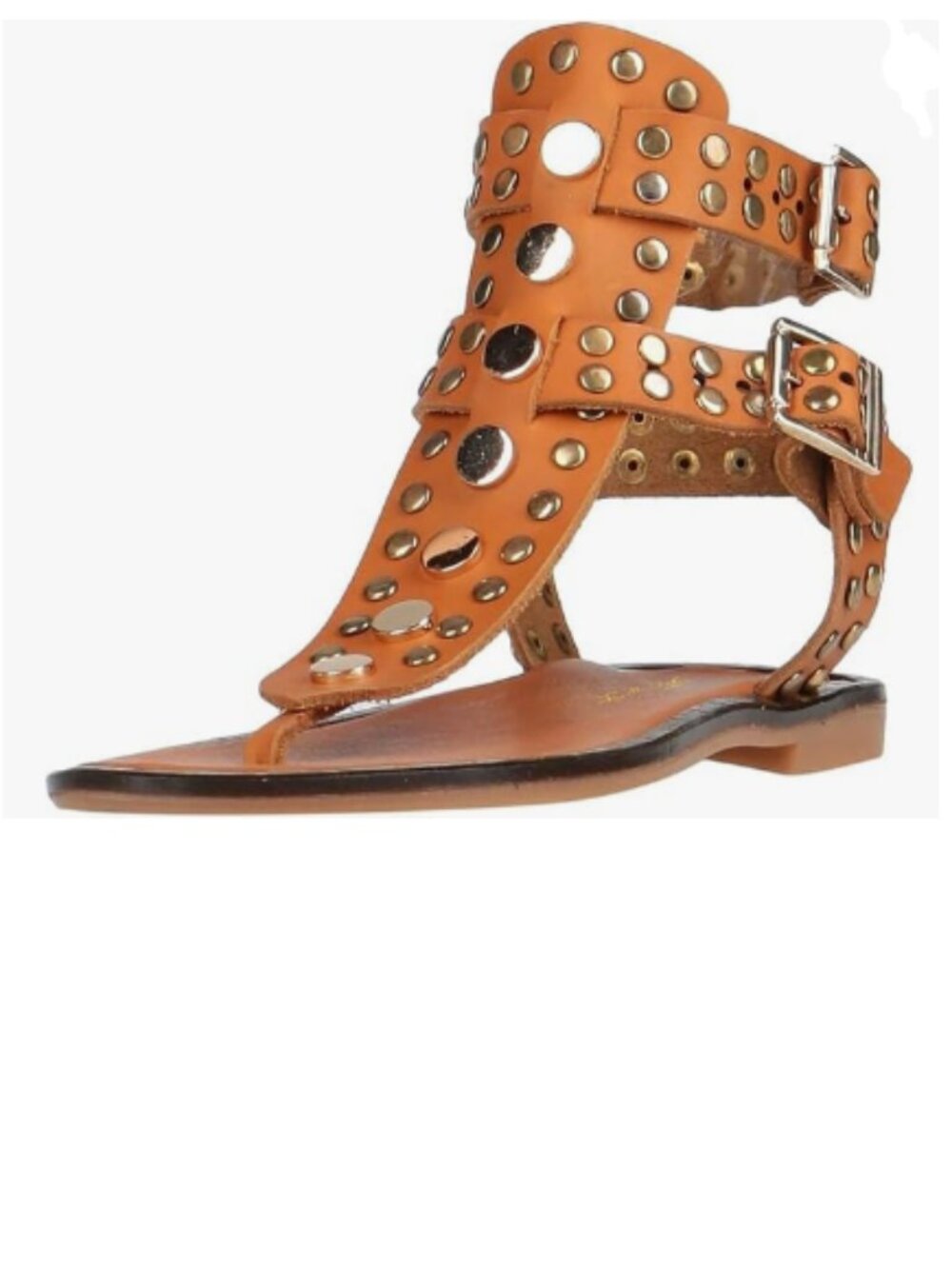 FOWT Orange Round Split Toe Rivet Studded Flat Gladiators Ankle Strap Sandals